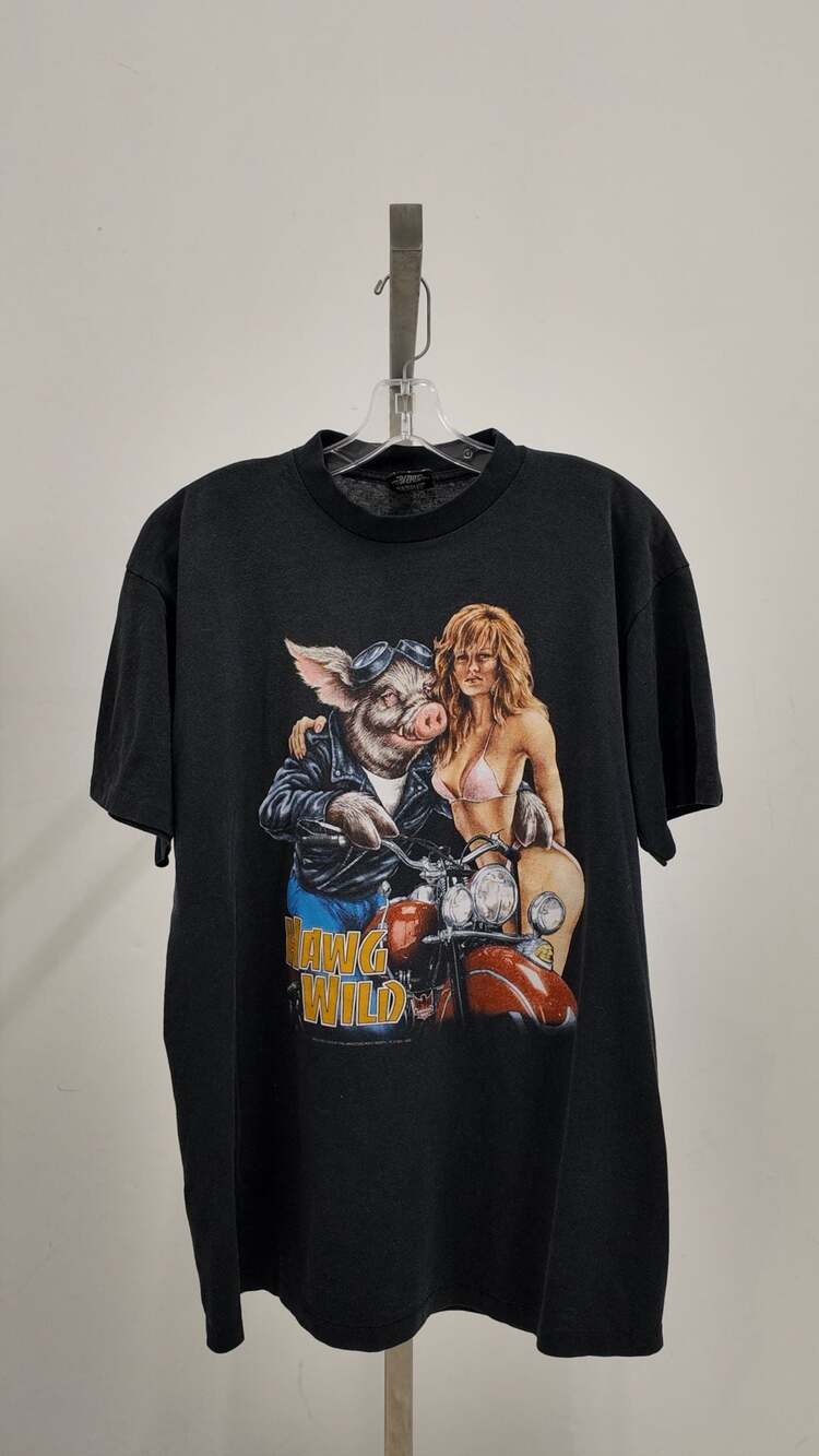 Vintage 1989 3D Emblem "Hawg Wild" Biker T-Shirt - XL
